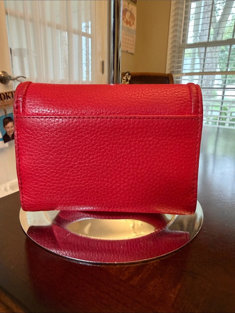 Tory Burch Red Pebbled Leather Flap Wallet with Embossed Logo